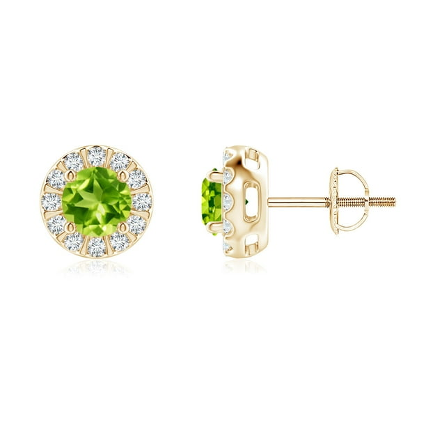 Round Shape Simulated Peridot With Natural Diamond Halo Stud Earrings In 14K Solid Gold Round Shape Simulated Peridot With Natural Diamond Halo Stud Earrings In 14K Solid Gold